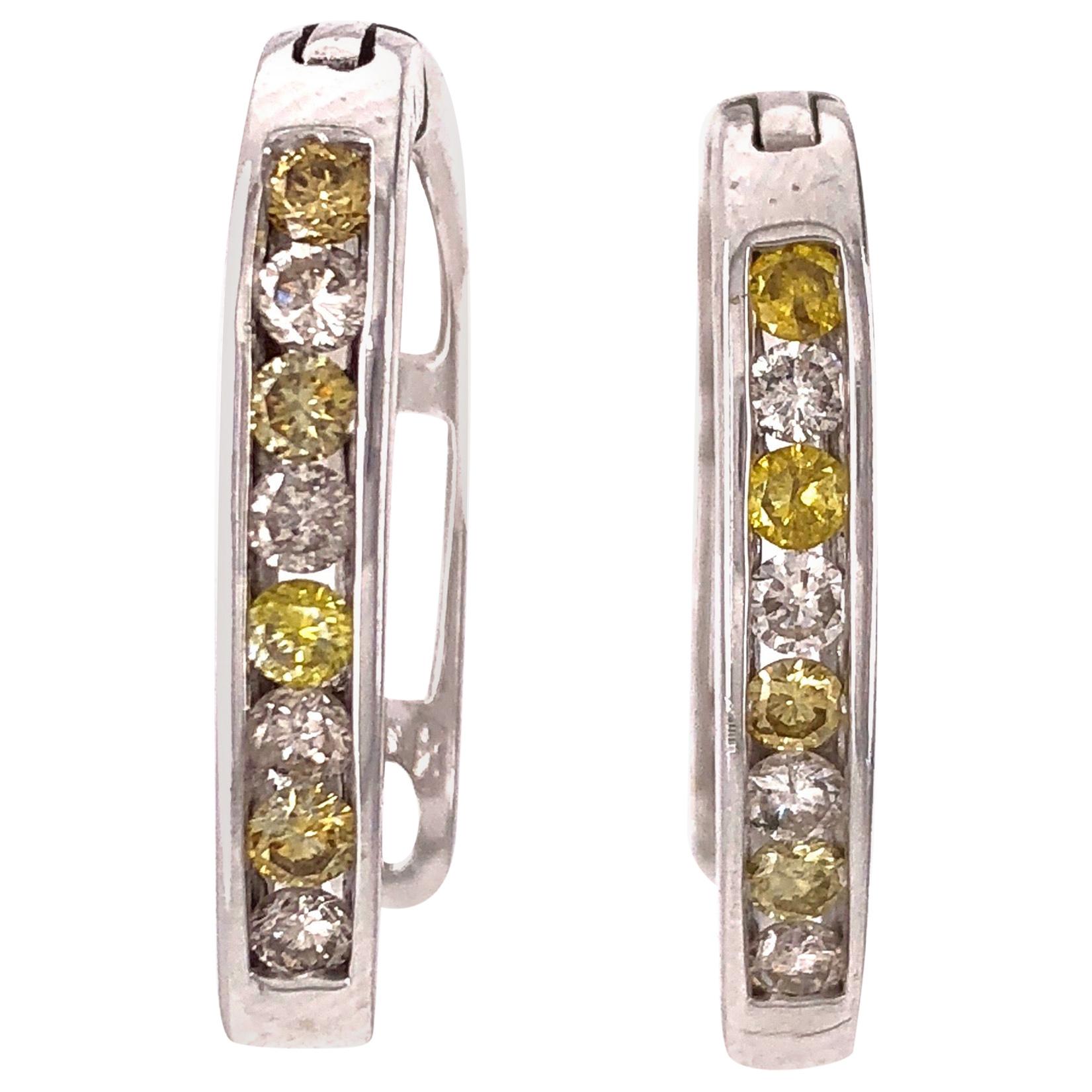 14 Karat White Gold Latch Back Earrings with White and Yellow Diamonds For Sale