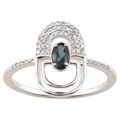 Anello ad arco geometrico in oro bianco 14KT con topazio blu di Londra e diamanti