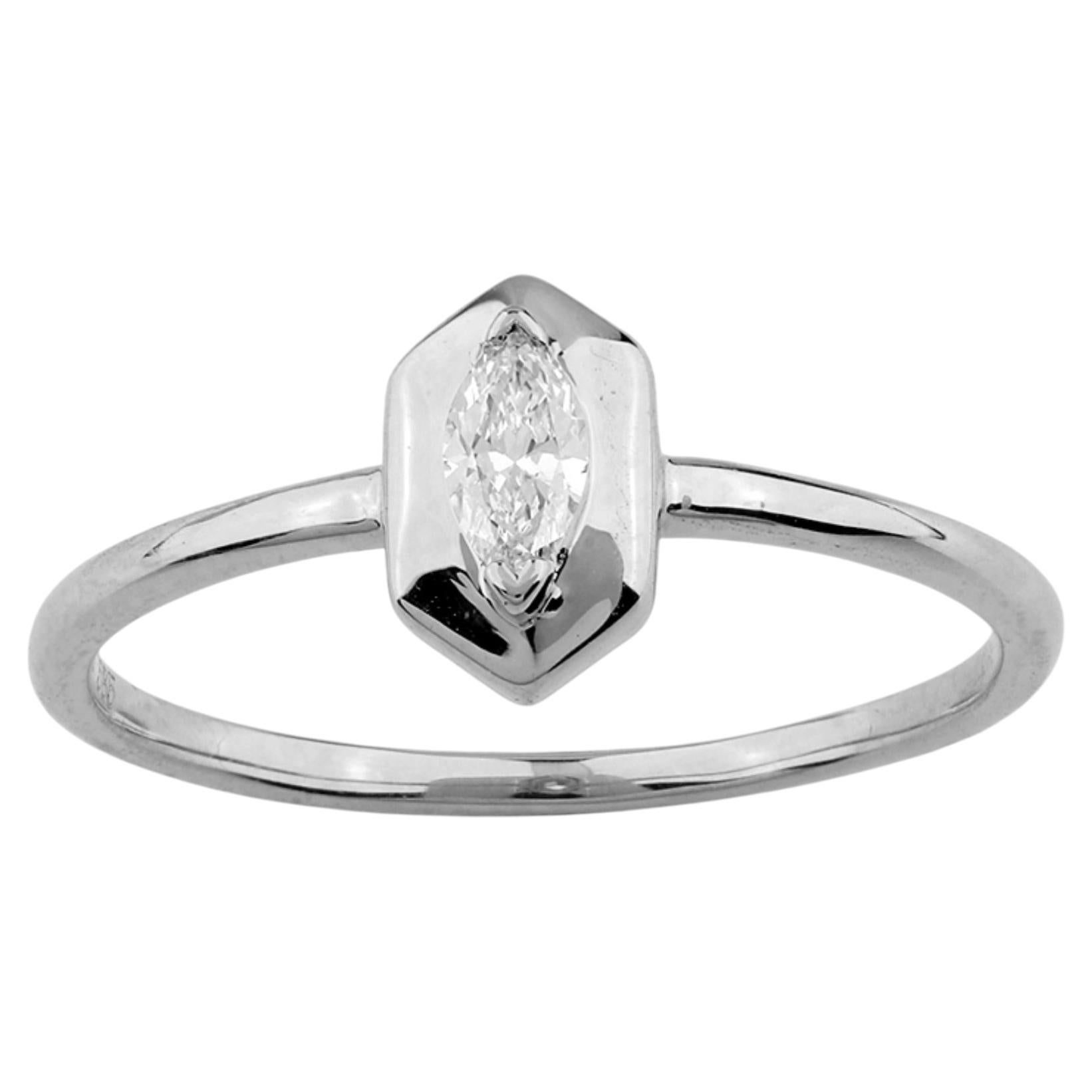 14KT White Gold Marquise Diamond Hexagonal Bezel Solitaire Ring For Sale