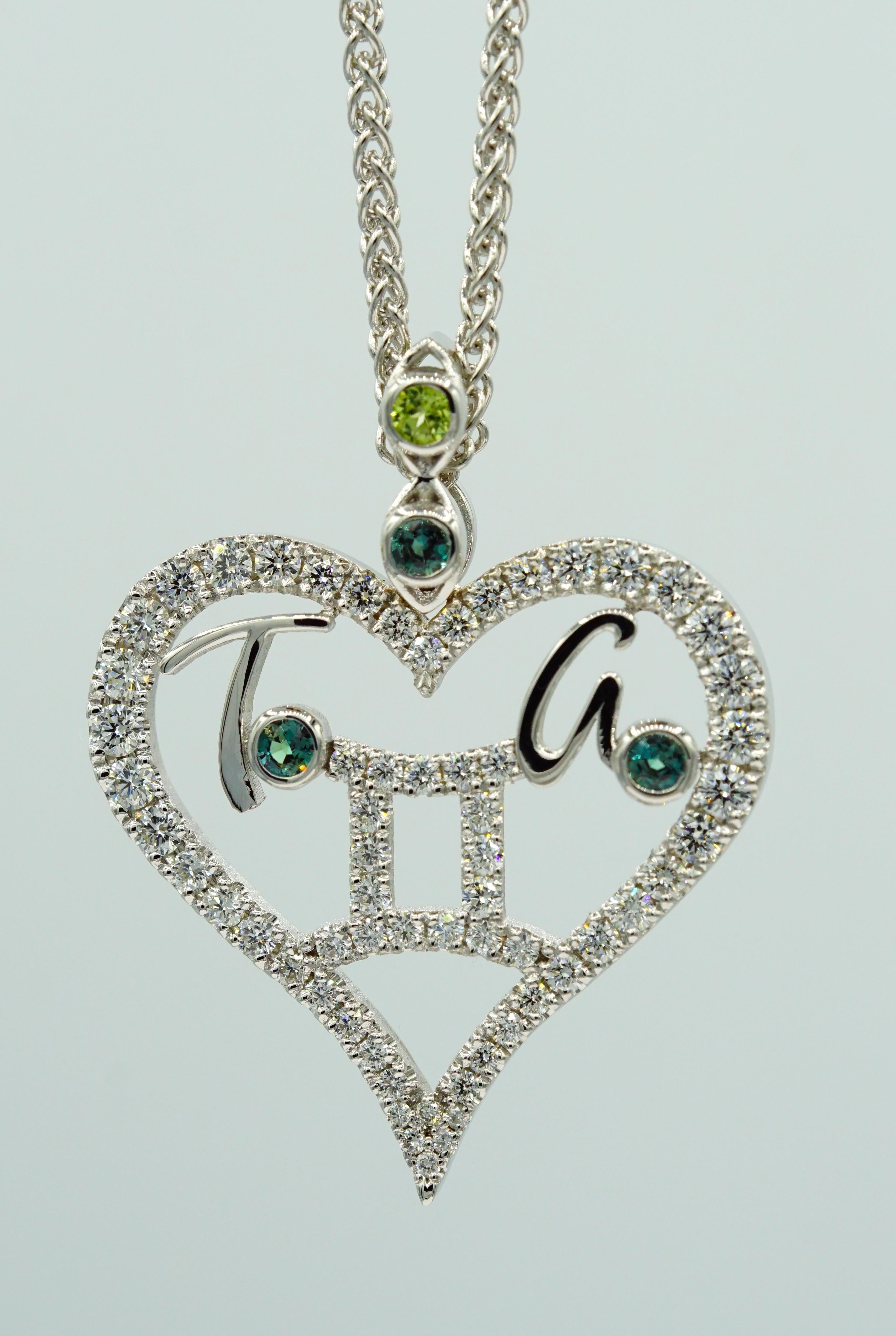 14kt White Gold Mother's - Family Heart Diamond Pendant with Gemini (Twins) Zodiac Symbol, Personalized Initials, and Family Birthstone Custom-To-Order

Featured Description:
Introducing a personalized, custom-designed diamond heart pendant by Rock