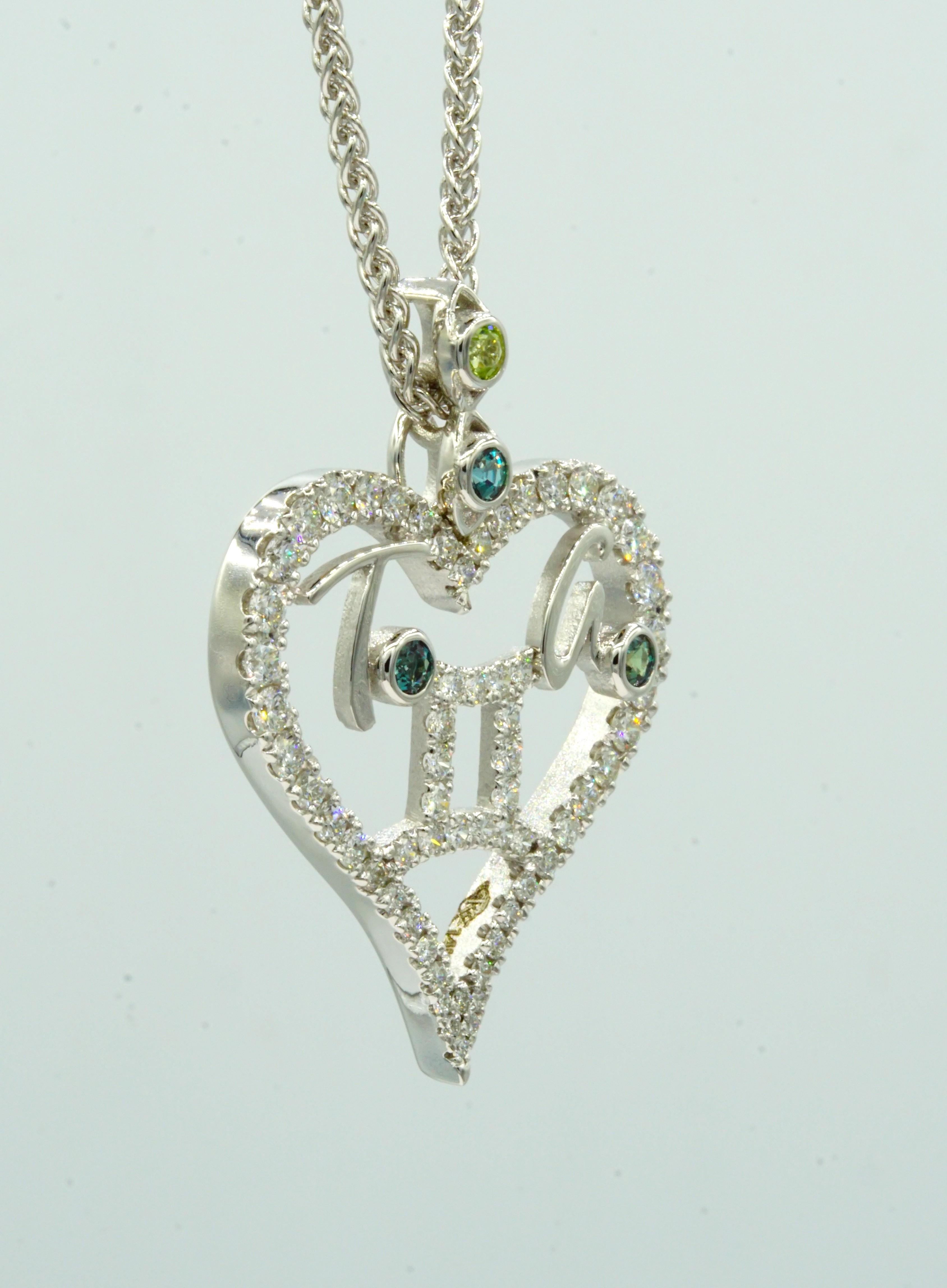 Modern 14kt White Gold Mother's Heart Diamond Pendant Zodiac Birthstone Custom-To-Order For Sale