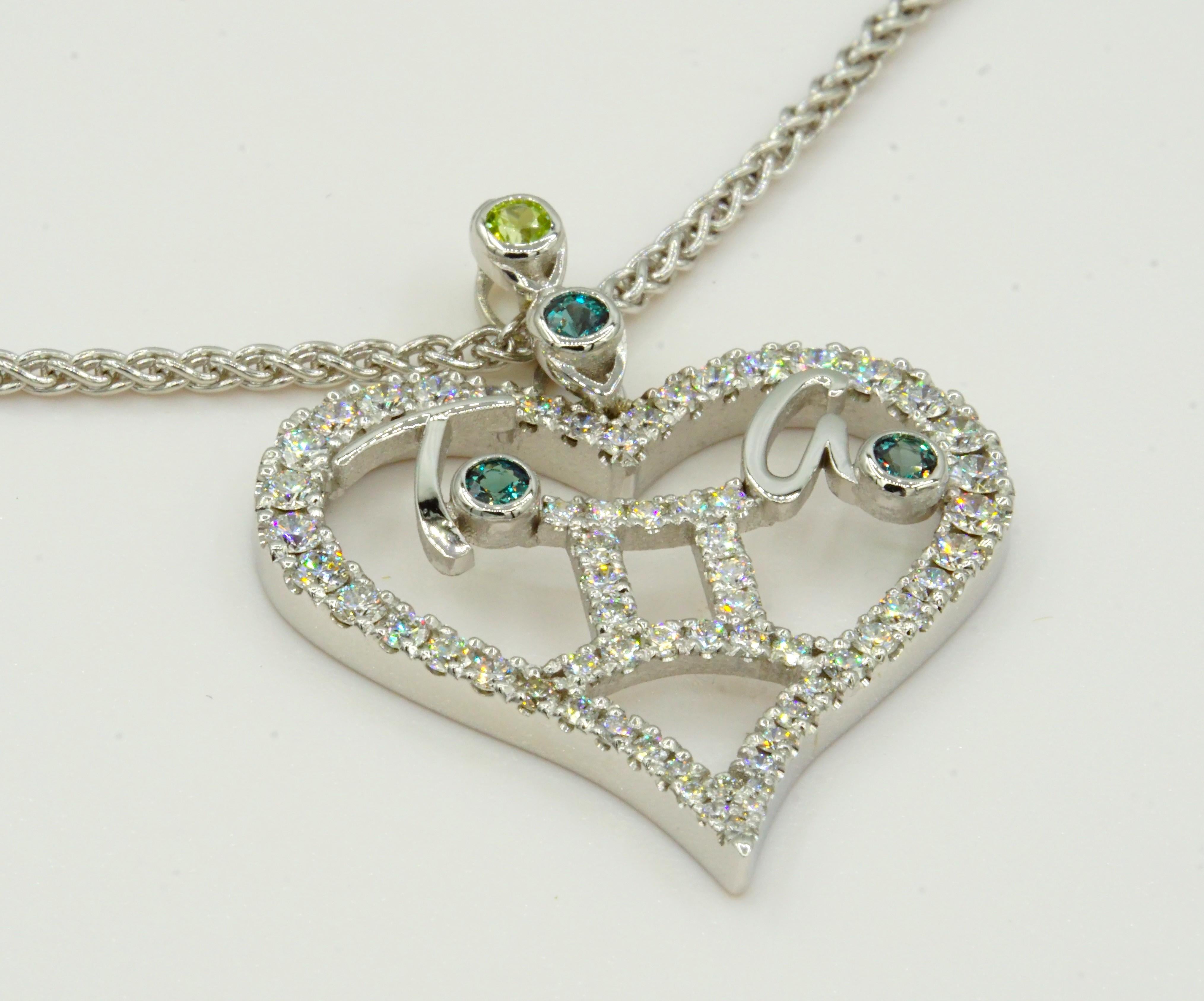 14kt White Gold Mother's Heart Diamond Pendant Zodiac Birthstone Custom-To-Order In New Condition For Sale In San Diego, CA