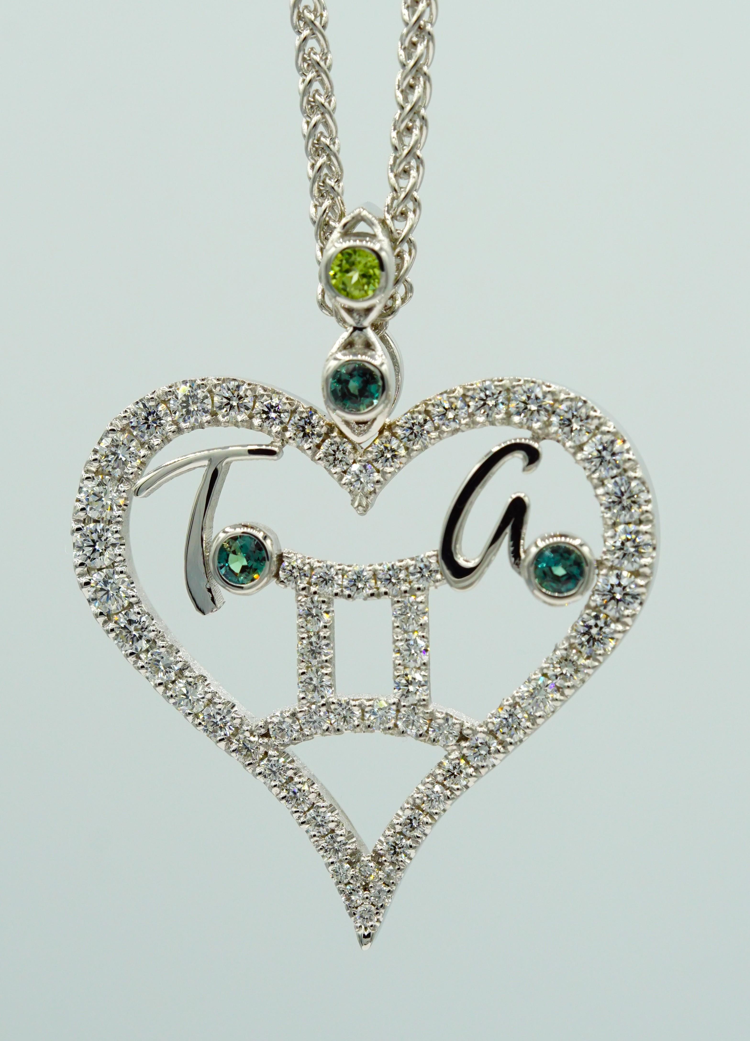 14kt White Gold Mother's Heart Diamond Pendant Zodiac Birthstone Custom-To-Order For Sale 1
