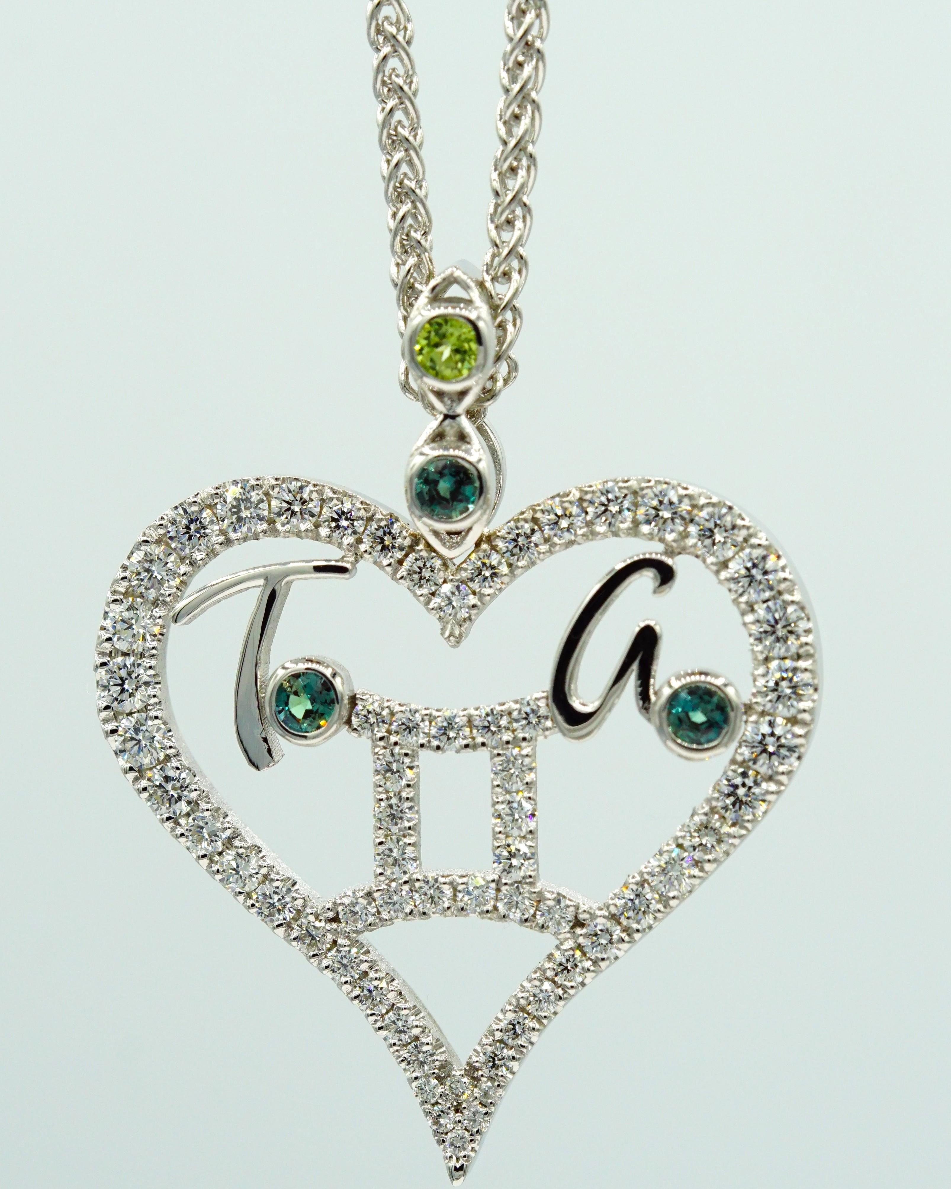 14kt White Gold Mother's Heart Diamond Pendant Zodiac Birthstone Custom-To-Order For Sale 2