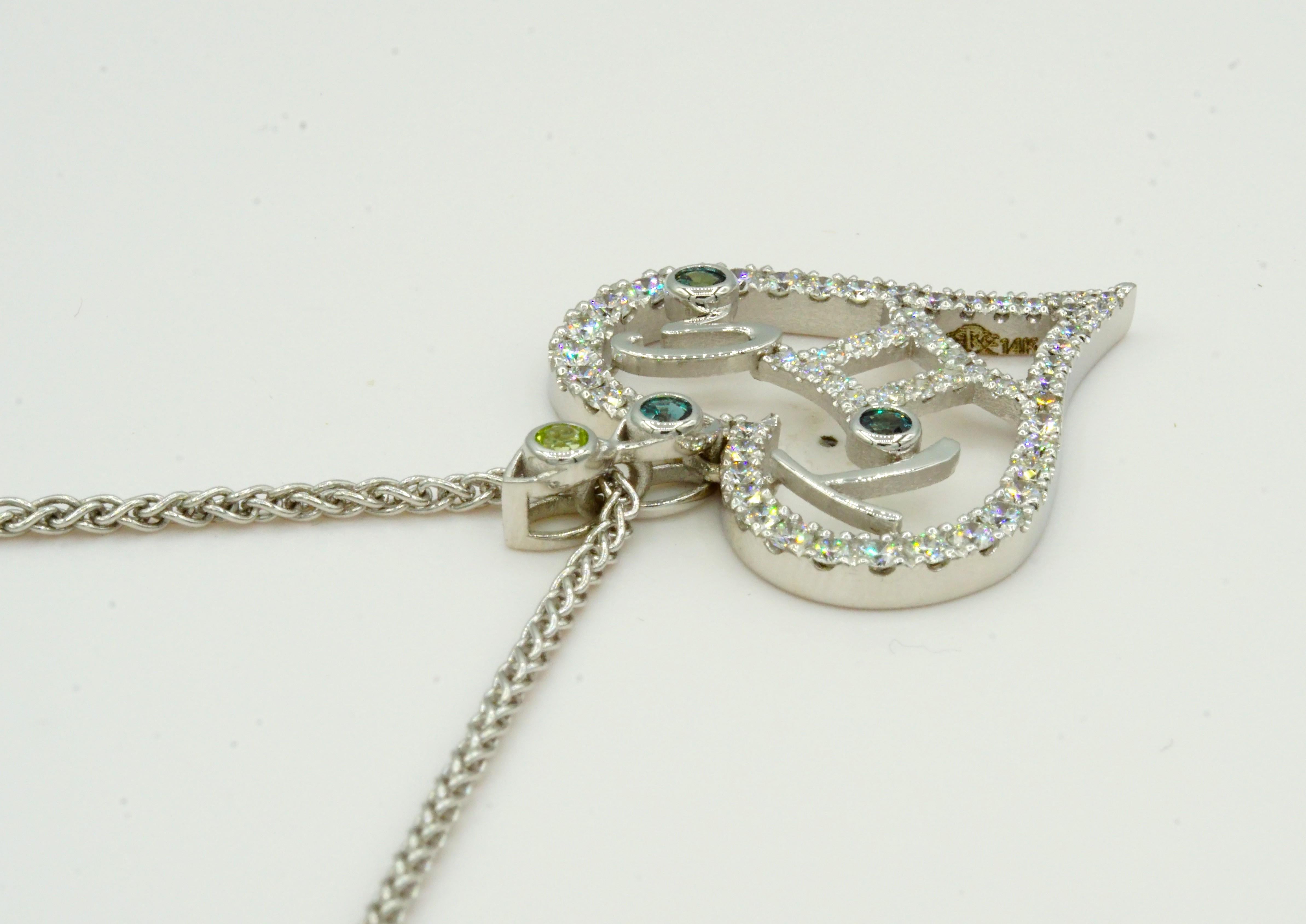 14kt White Gold Mother's Heart Diamond Pendant Zodiac Birthstone Custom-To-Order For Sale 3