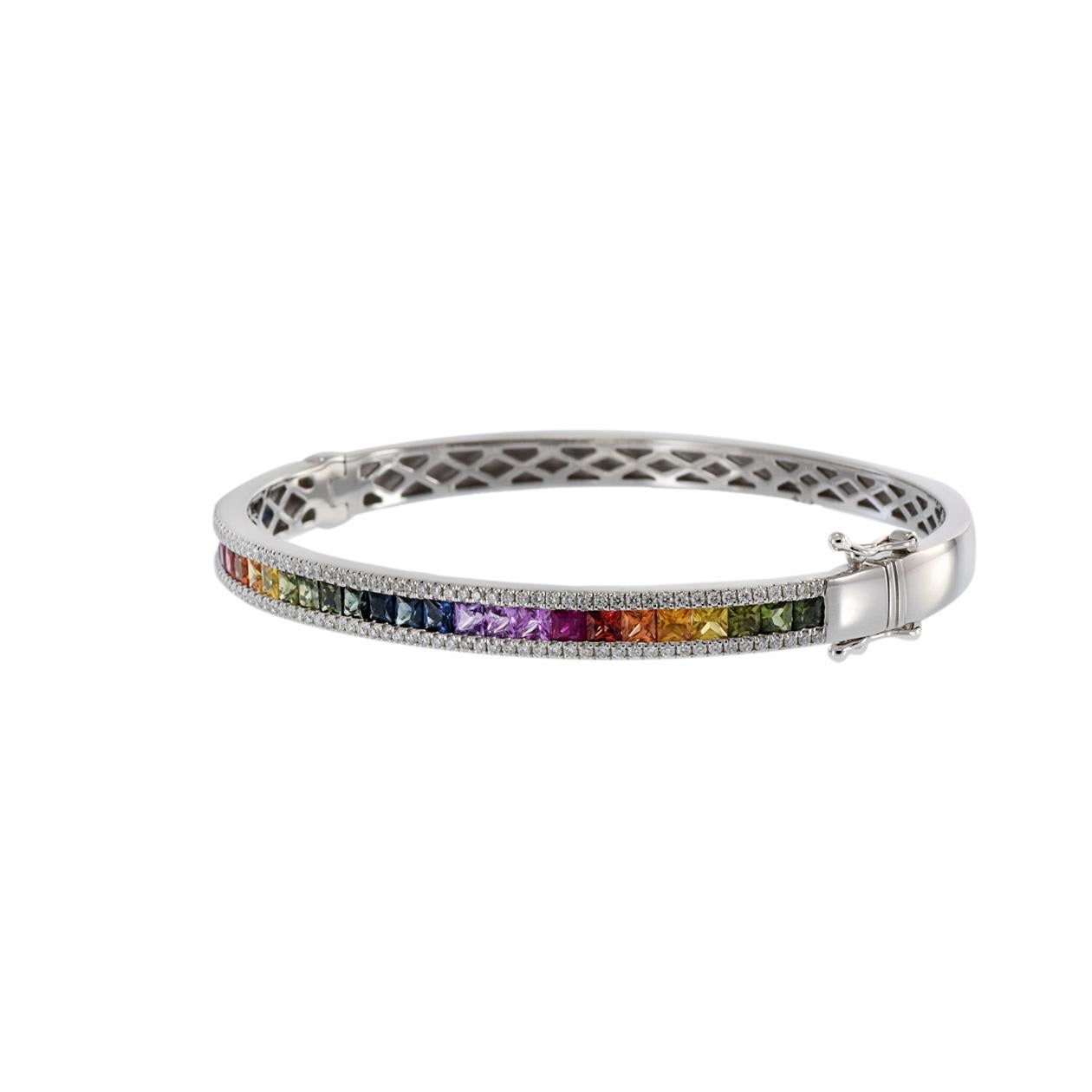 Taglio princess Bracciale in oro bianco 14KT con zaffiri e diamanti multicolore in vendita