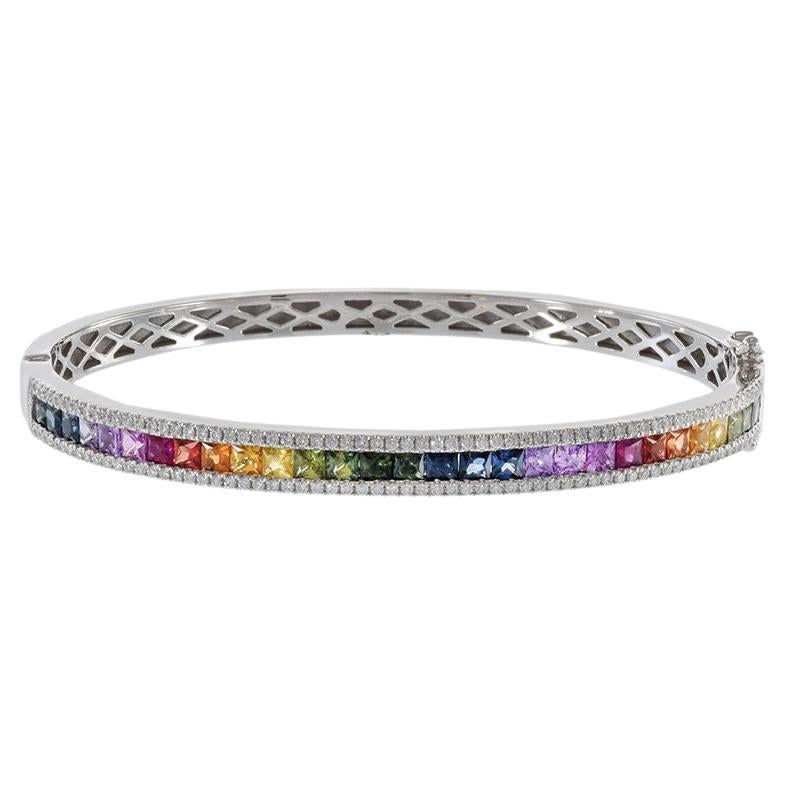 14KT White Gold Multi Color Sapphire And Diamond Bangle Bracelet