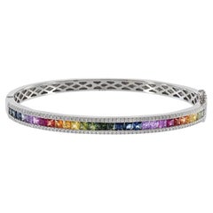 14KT White Gold Multi Color Sapphire And Diamond Bangle Bracelet
