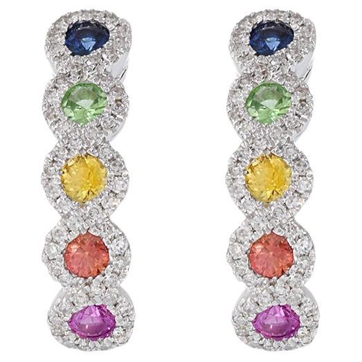 14KT White Gold Multi Color Sapphire And Diamond Huggie Earrings