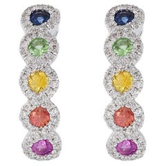 14KT White Gold Multi Color Sapphire And Diamond Huggie Earrings 14KT White Gold Multi Color Sapphire And Diamond Huggie Earrings