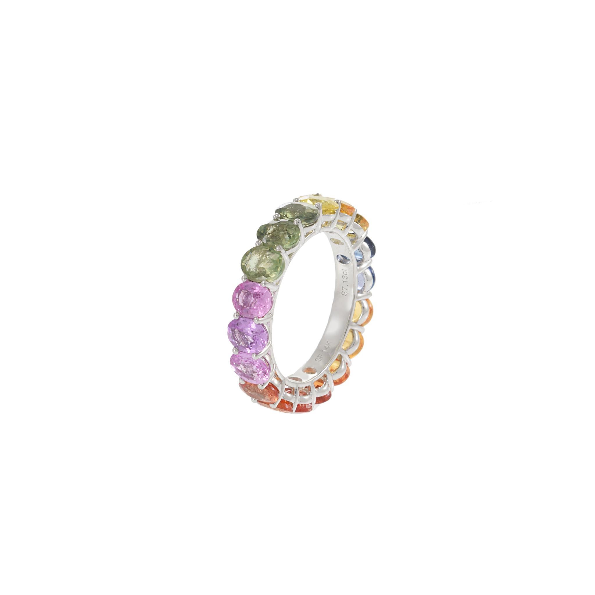 Modern 14KT White Gold Multi Color Sapphire Band For Sale