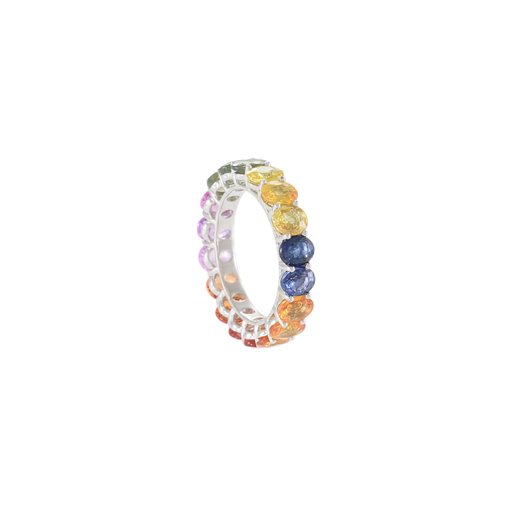 Oval Cut 14KT White Gold Multi Color Sapphire Band For Sale
