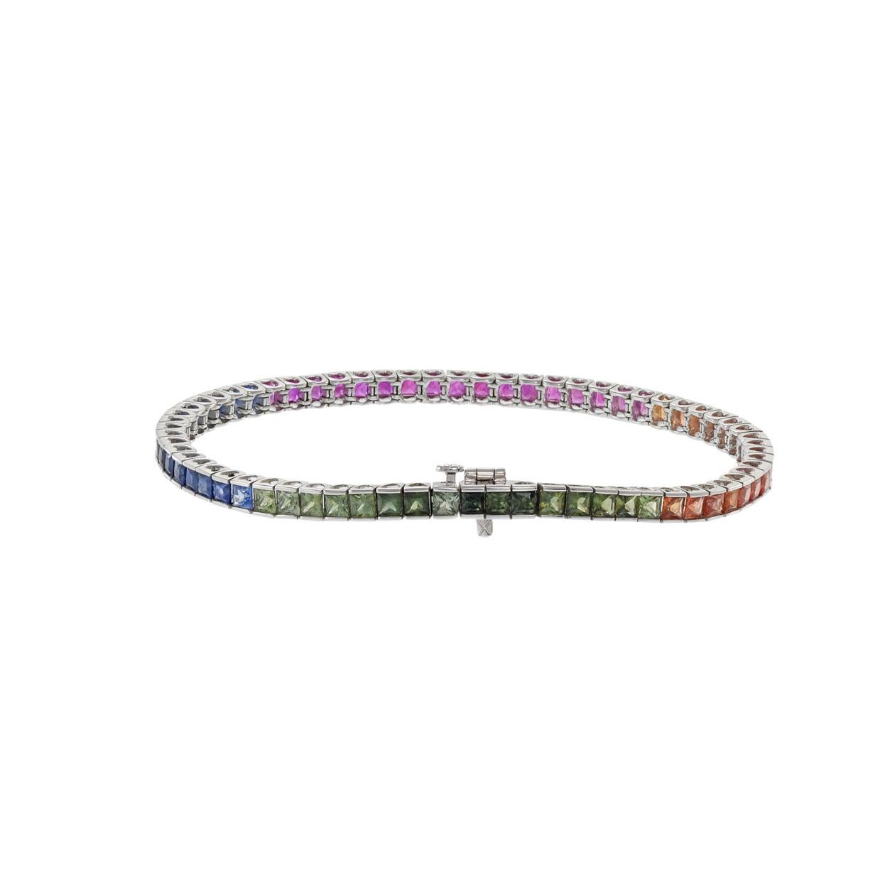 Princess Cut 14KT White Gold Multi Color Sapphire Bracelet For Sale
