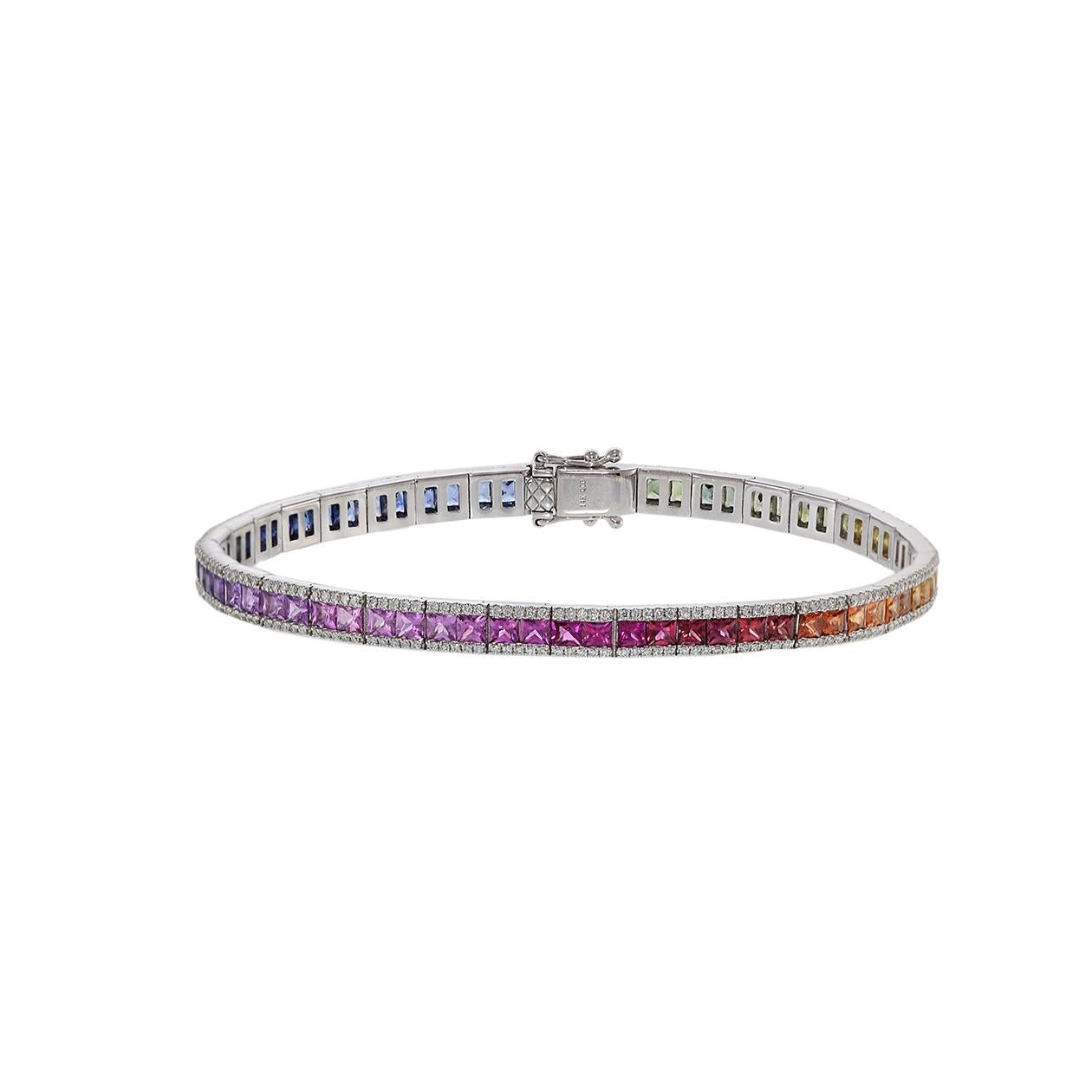 This 14K white gold bracelet boasts an impressive 7.47 CT-TW of multi-colored sapphires and 0.94CT-TW of diamonds. Its intricate design and exquisite craftsmanship is sure to provide you with an elegant and luxurious look for years to come.