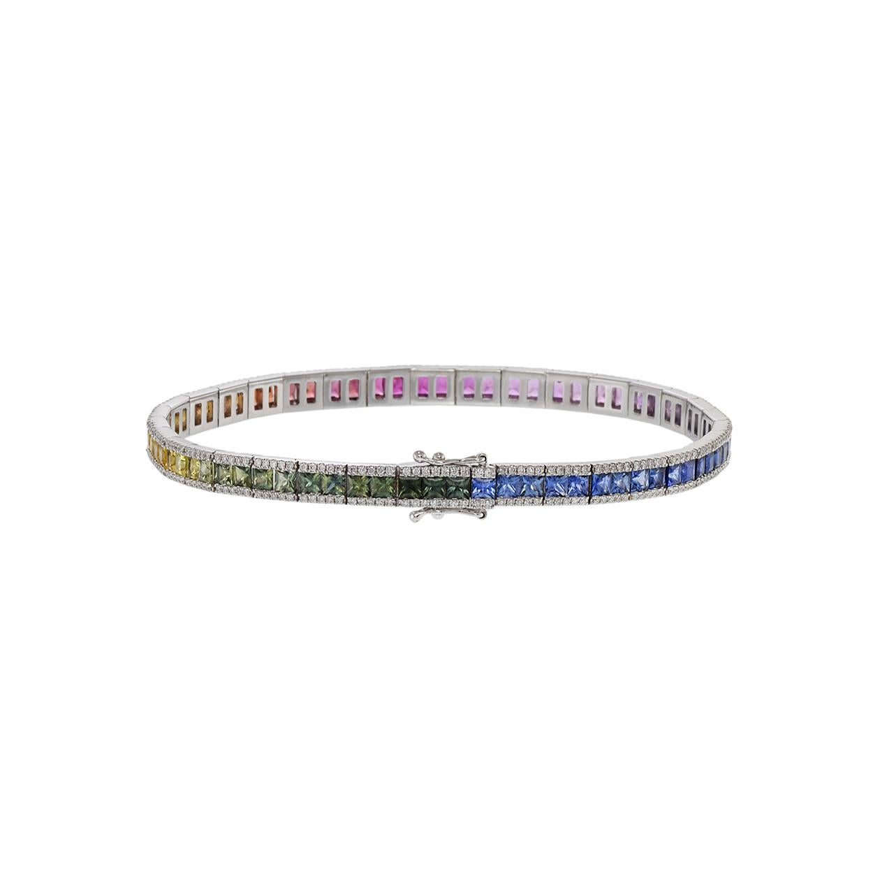 Square Cut 14KT White Gold Multi Colored Sapphire And Diamond Bracelet For Sale