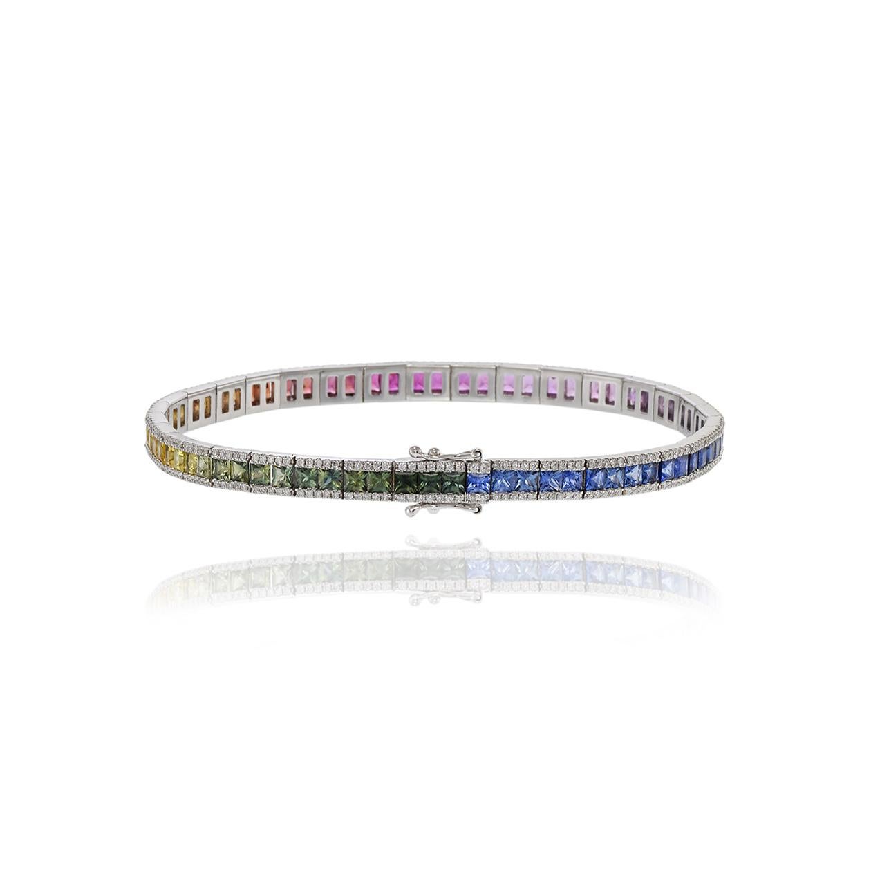 14KT White Gold Multi Colored Sapphire And Diamond Bracelet In New Condition For Sale In New York, NY