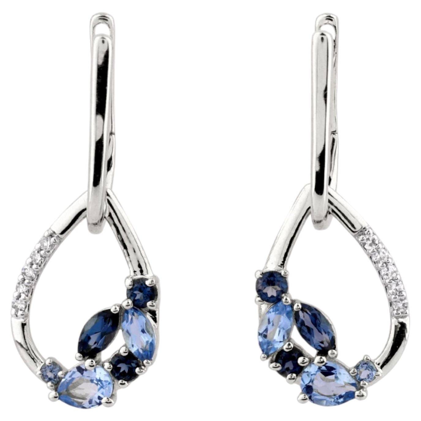 14KT White Gold Multi-Shade Blue Topaz and Diamond Drop Earrings