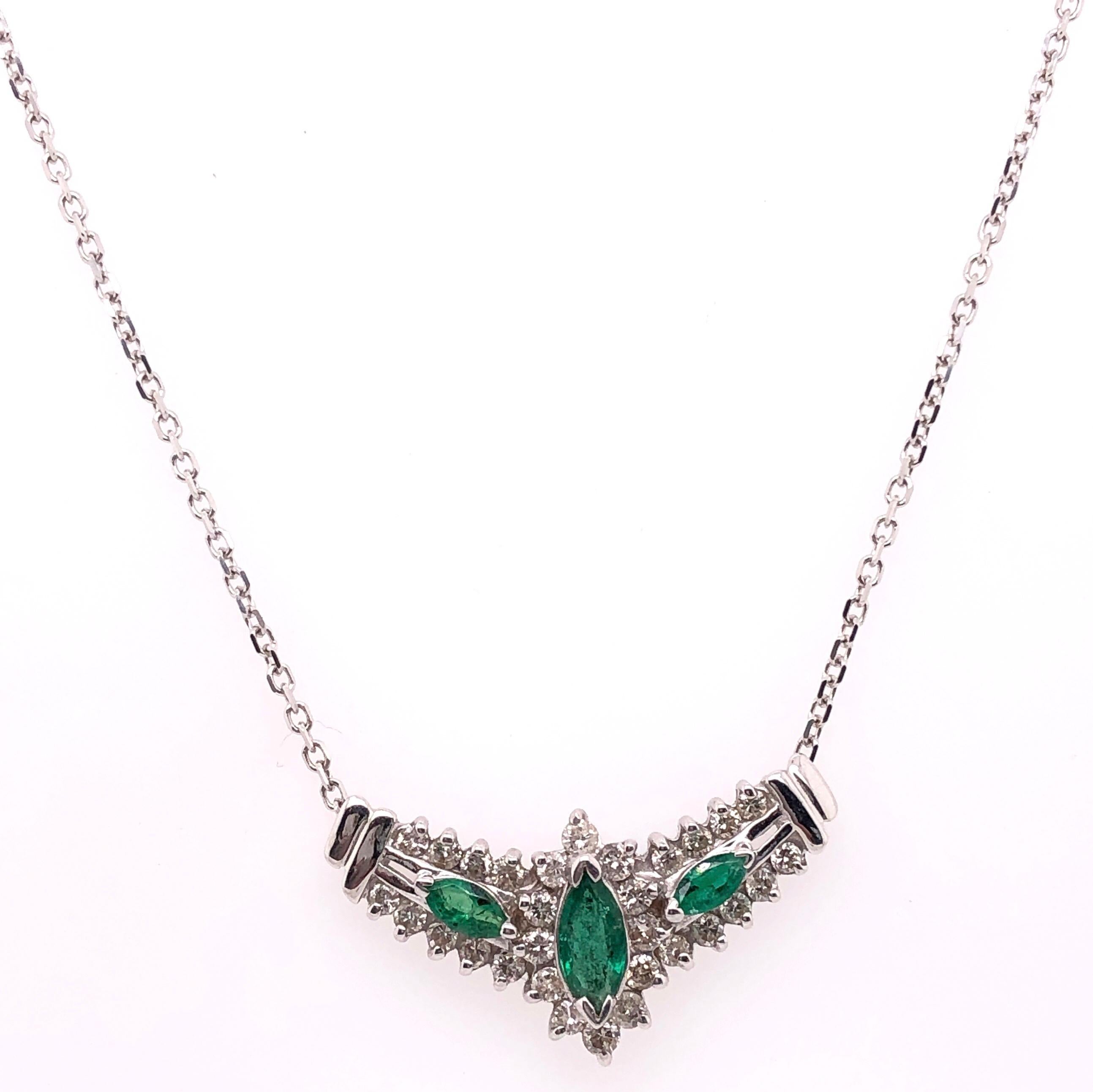 14 Karat White Gold Necklace with Soldered Diamond and Emerald Pendant 1