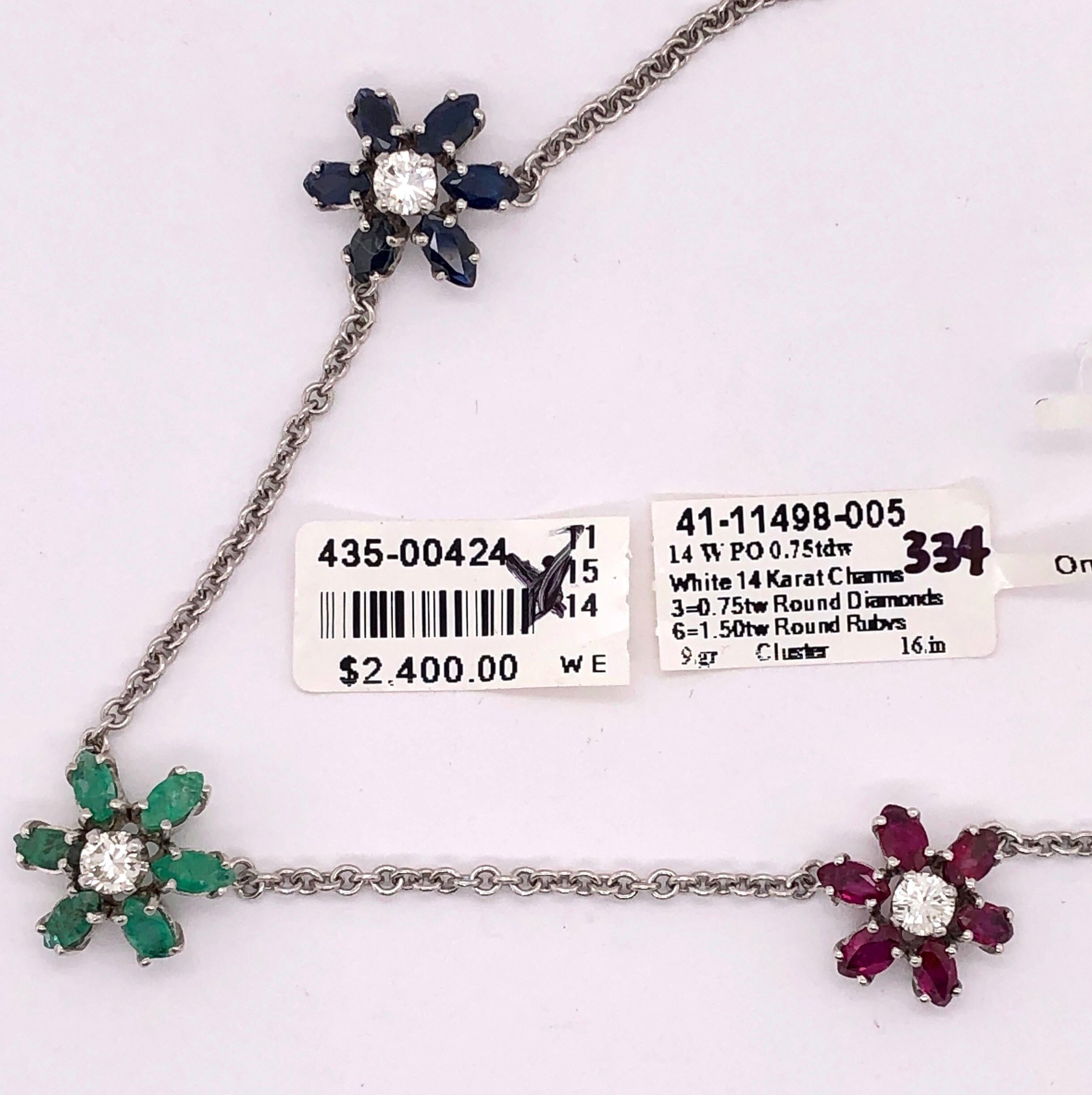 14 Karat Gold Necklace with 3 Flowers in Ruby Sapphire Emerald with Diamonds For Sale 2