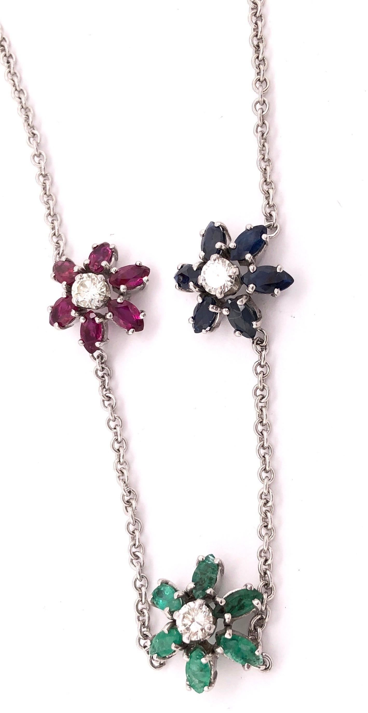 14 Karat Gold Necklace with 3 Flowers in Ruby Sapphire Emerald with Diamonds In Good Condition For Sale In Stamford, CT