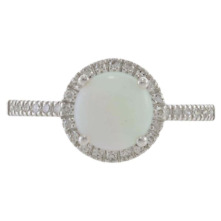 Bague En Or Blanc 14k Avec Opale Et Diamants – Taille 55, Pièce Unique Faite Main