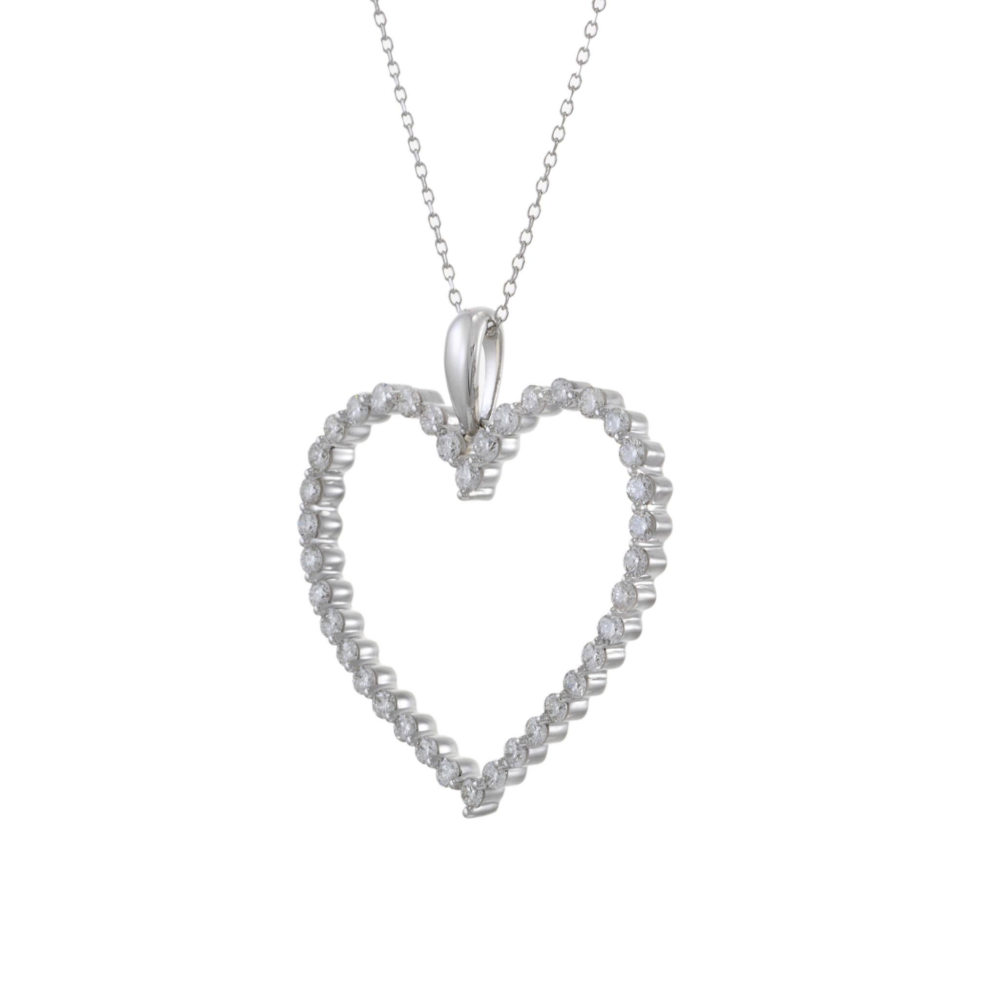 Taglio rotondo Ciondolo con diamante a cuore aperto in oro bianco 14KT in vendita