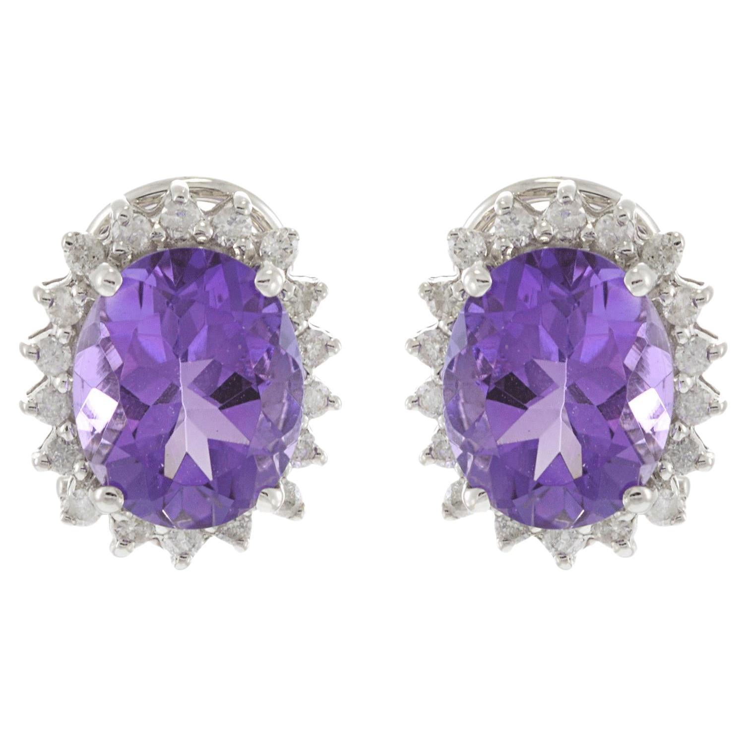 14KT White Gold Oval Amethyst and Diamond Earrings