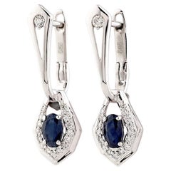 14KT White Gold Oval Blue Sapphire and Diamond Drop Earrings.