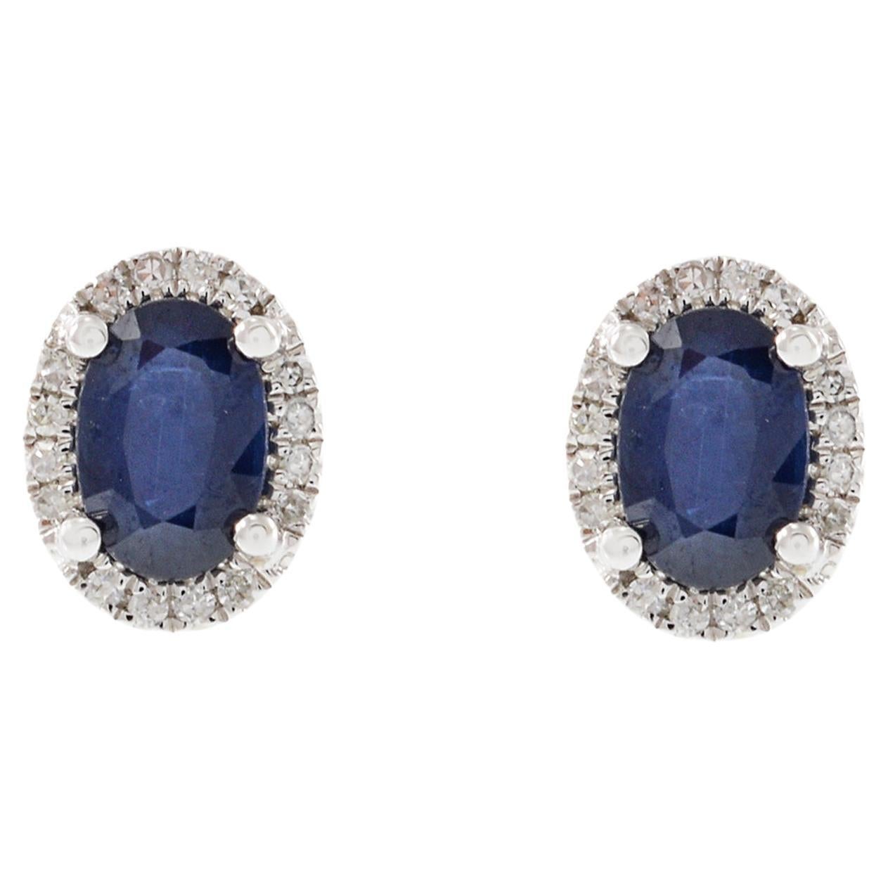14KT White Gold Oval Blue Sapphire and Diamond Earrings