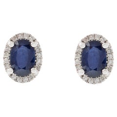 14KT White Gold Oval Blue Sapphire and Diamond Earrings