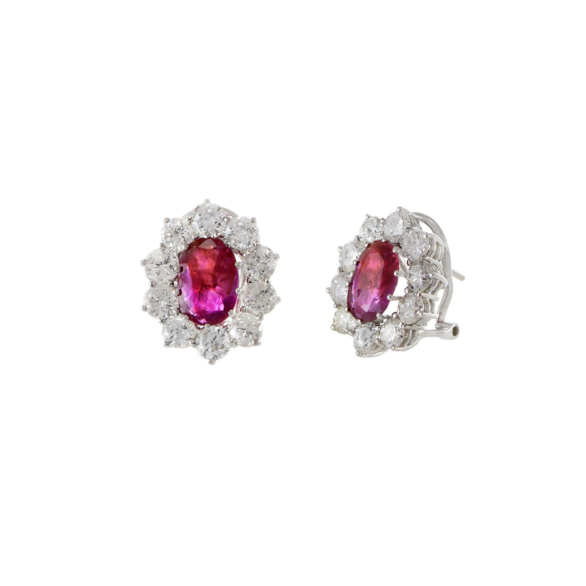 Oval Cut 14KT White Gold Oval Burmese Ruby And Diamond Earrings For Sale