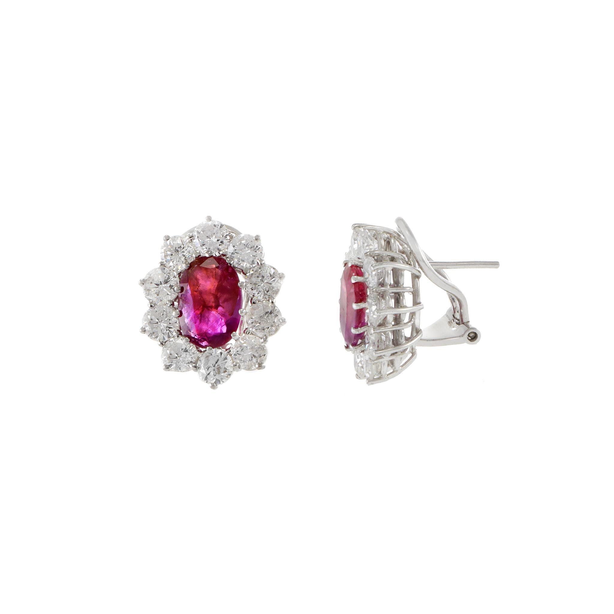 Women's 14KT White Gold Oval Burmese Ruby And Diamond Earrings For Sale