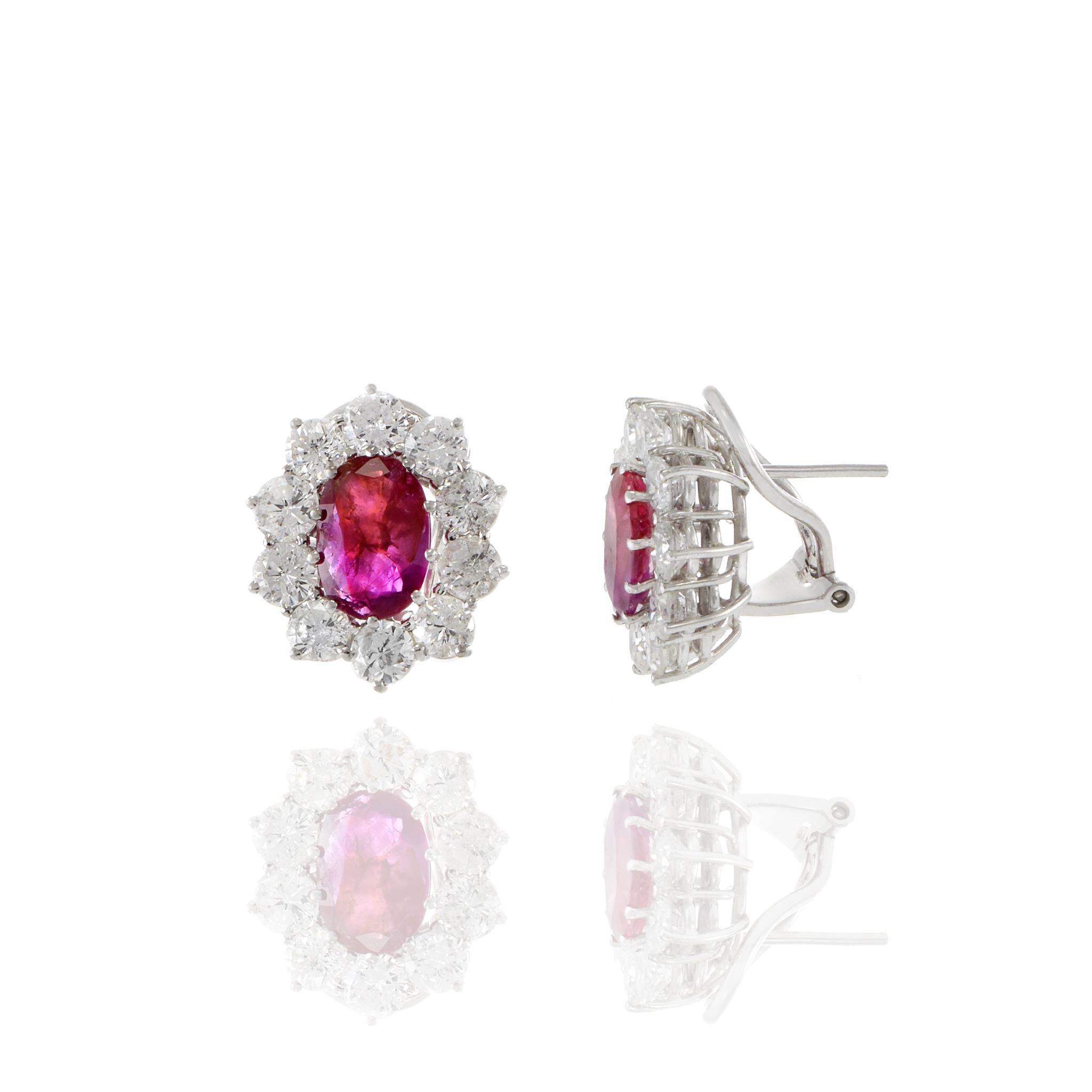 14KT White Gold Oval Burmese Ruby And Diamond Earrings For Sale 1