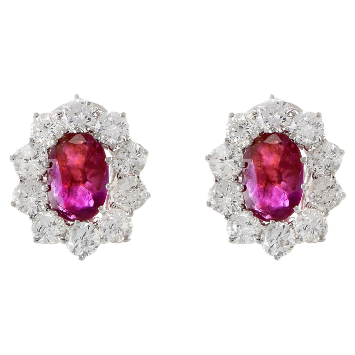 14KT White Gold Oval Burmese Ruby And Diamond Earrings
