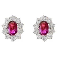 14KT White Gold Oval Burmese Ruby And Diamond Earrings