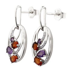 14KT White Gold Oval Dangle Earrings with Amethyst, Citrine, and Diamonds