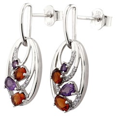 14KT White Gold Oval Dangle Earrings with Amethyst, Citrine, and Diamonds