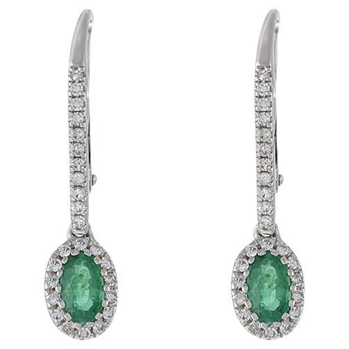 14KT White Gold Oval Emerald Diamond Huggie Earrings