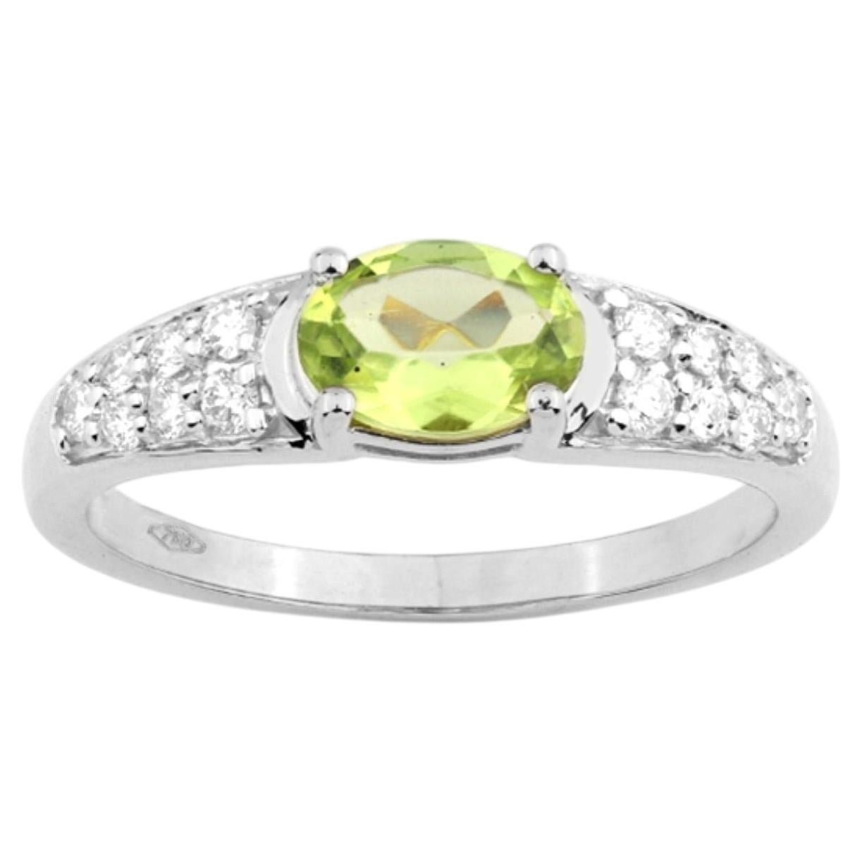 14KT White Gold Oval Peridot and Diamond Ring, Contemporary Design