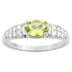 14KT White Gold Oval Peridot and Diamond Ring, Contemporary Design