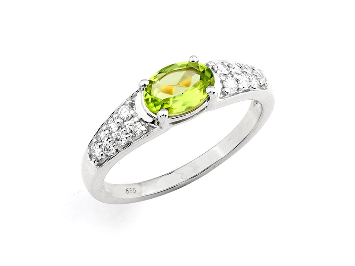 14KT Weißgold Oval Peridot und Diamant Ring im Angebot 1