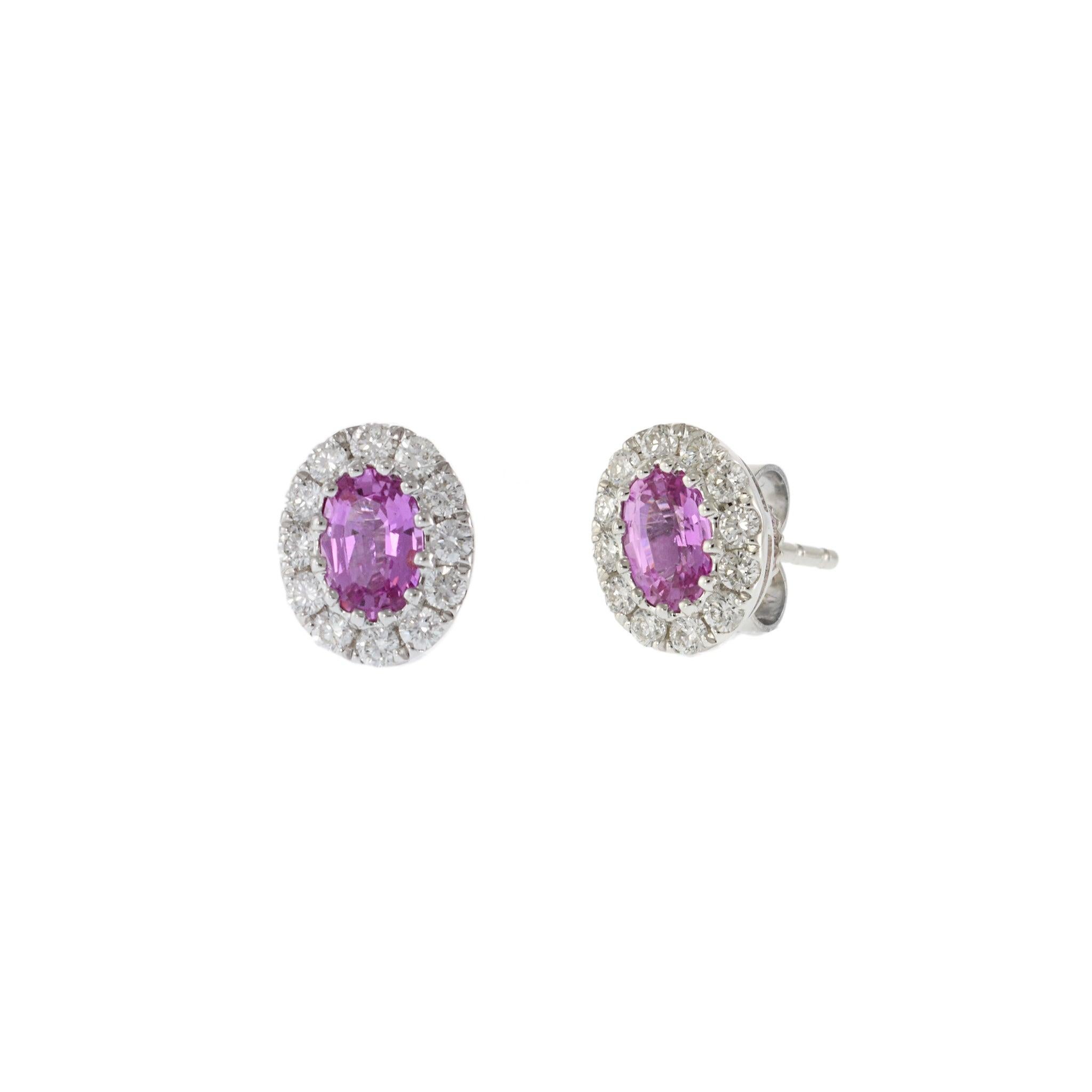 Oval Cut 14KT White Gold Oval Pink Sapphires and Diamond Earrings For Sale