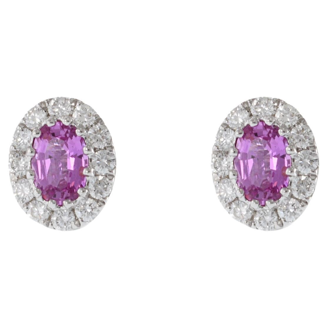 14KT White Gold Oval Pink Sapphires and Diamond Earrings