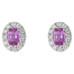 14KT White Gold Oval Pink Sapphires and Diamond Earrings