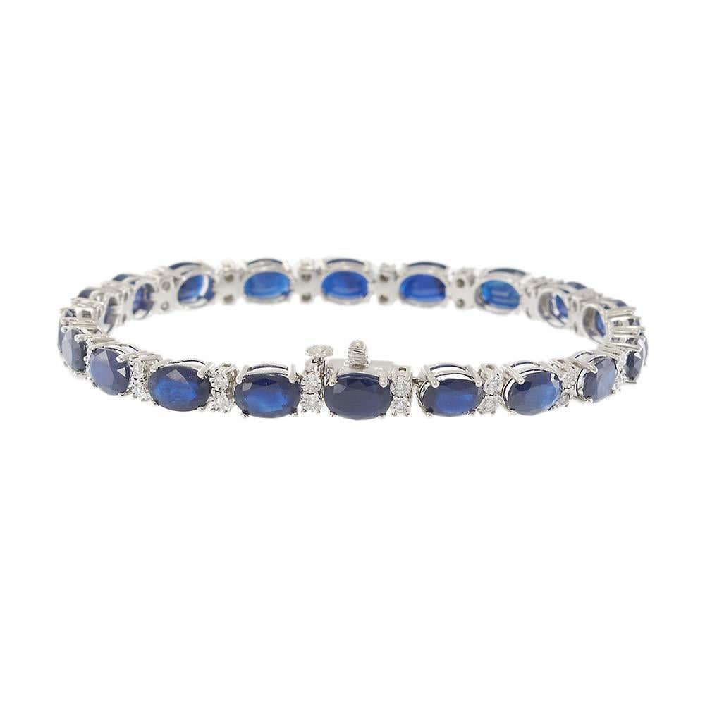 Bracelet de tennis en or blanc 14KT avec saphir ovale et diamant Pour femmes en vente