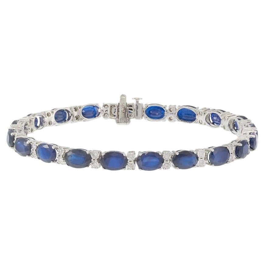 Bracelet de tennis en or blanc 14KT avec saphir ovale et diamant
