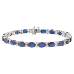 Bracelet de tennis en or blanc 14KT avec saphir ovale et diamant