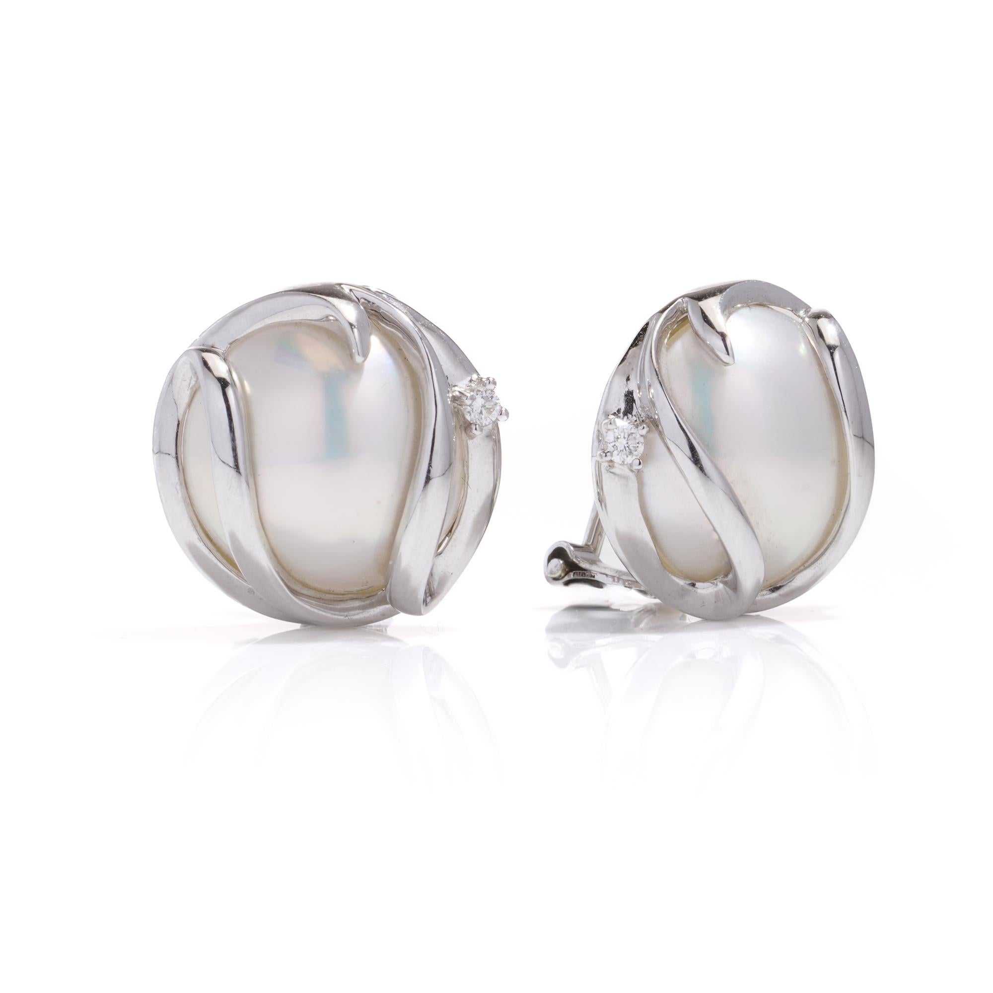 Round Cut 14kt. white gold pair of Mabe pearl and diamond earrings  For Sale