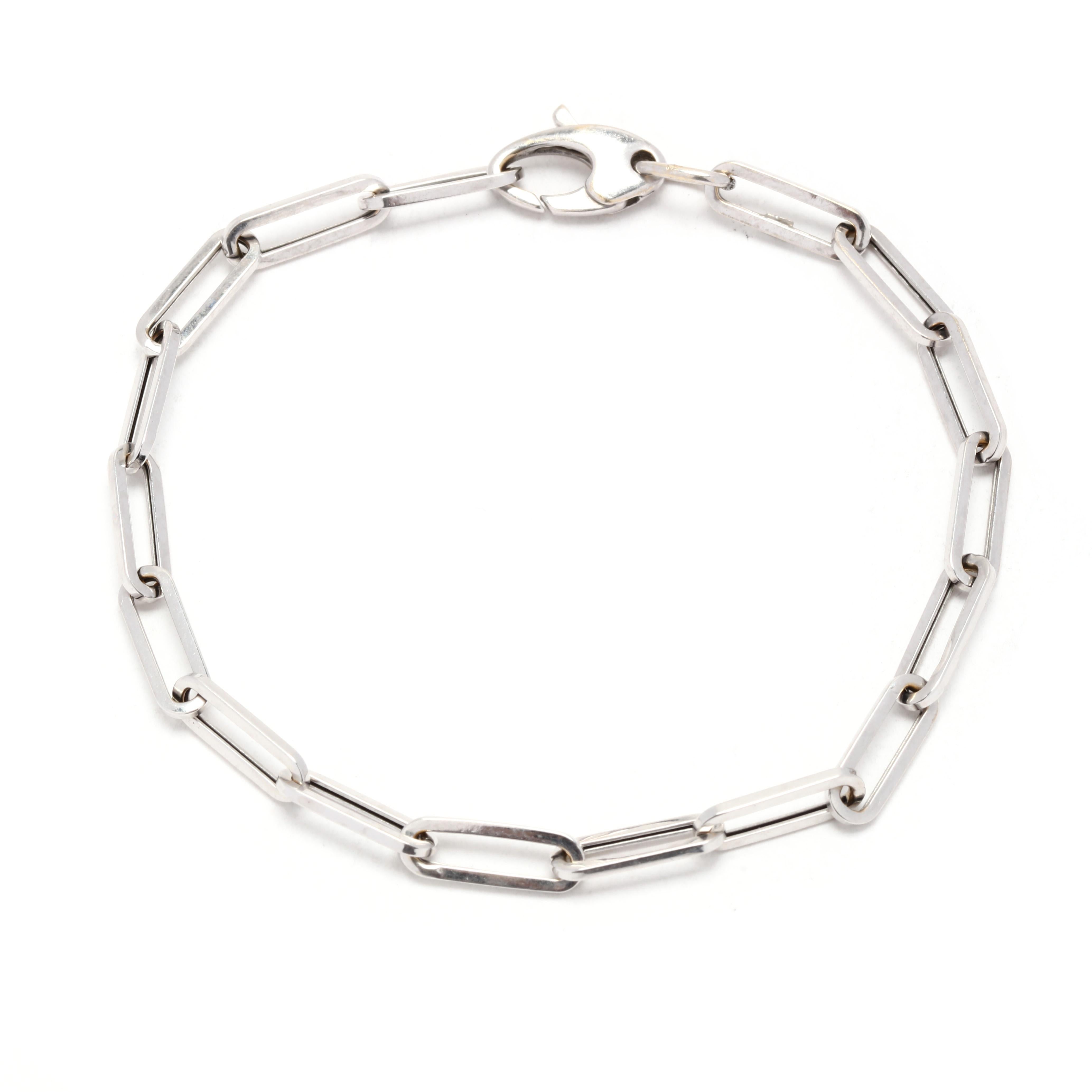 Women's or Men's 14KT White Gold Paperclip Chain Bracelet, Length 6 7/8 inch, Minimalist Chain
