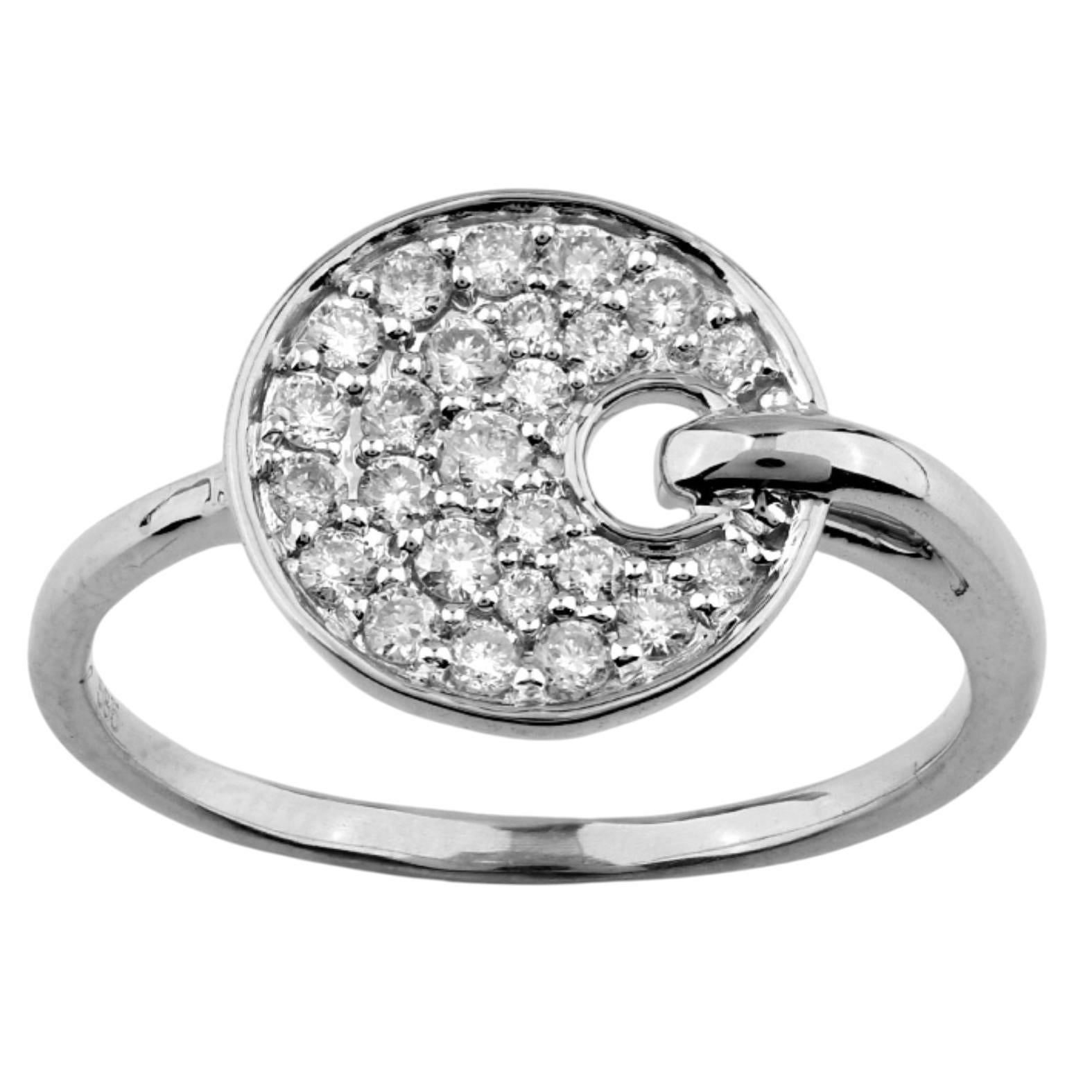 Anillo de gancho con disco circular de oro blanco de 14 quilates con pavé de diamantes en venta